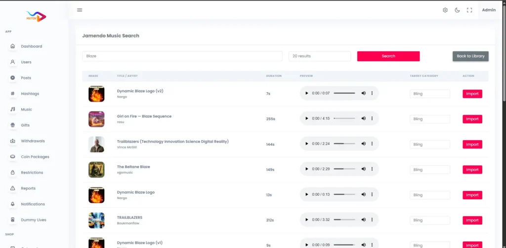 TikTok Clone 25 AdminJamendoMusicSearch