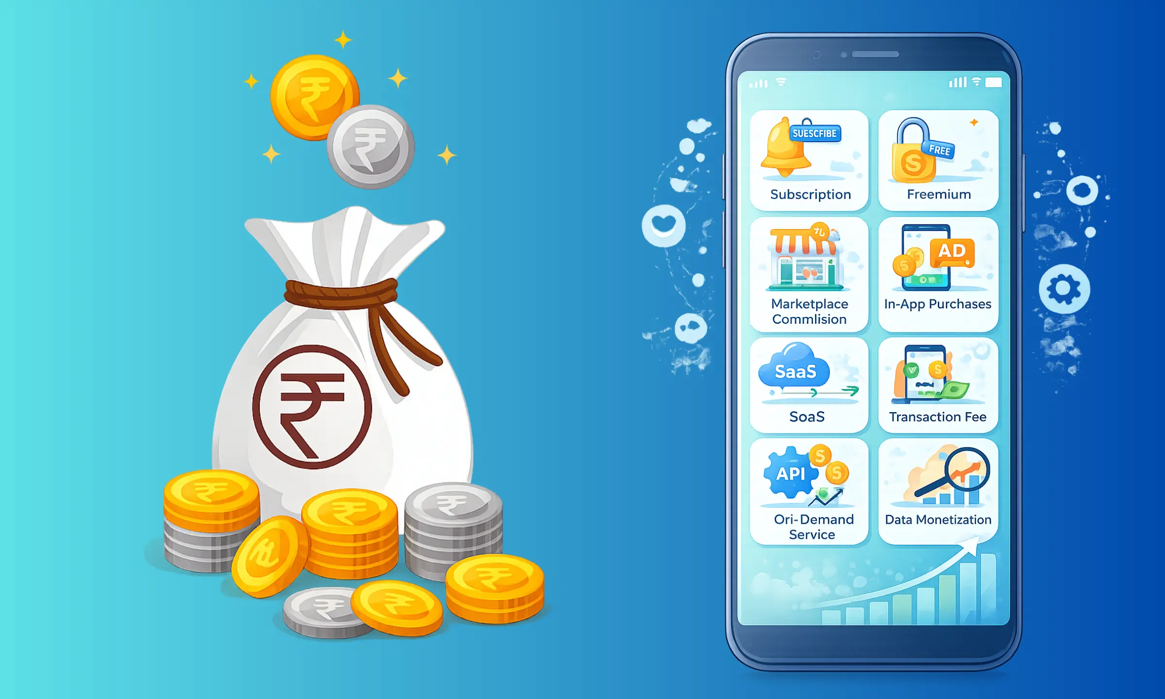Illustration of smartphone displaying different app business models like subscription, freemium, marketplace, SaaS, and advertising with money bag and coins.