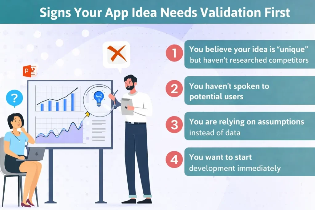 Infographic showing signs your app idea needs validation including lack of competitor research, no user feedback, assumptions instead of data, and rushing development