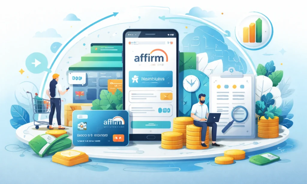 Illustration of Affirm’s Buy Now Pay Later platform showing digital transactions, mobile checkout, installment payments, and consumer-finance interactions. Business Model of Affirm