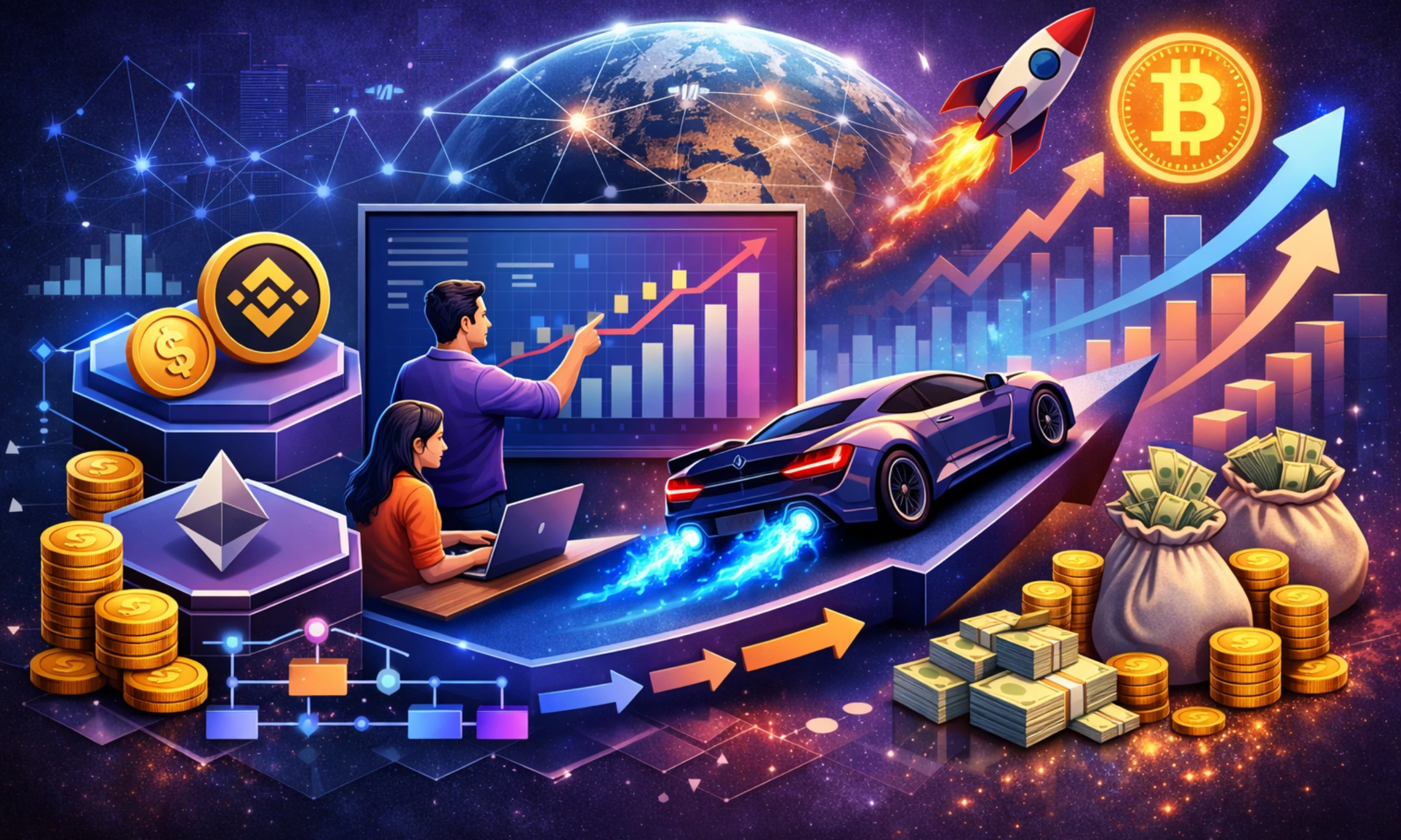 Illustration of a decentralized crypto network showing digital assets, connected users, growth charts, and financial symbols representing the business model of Forsage and revenue structure.