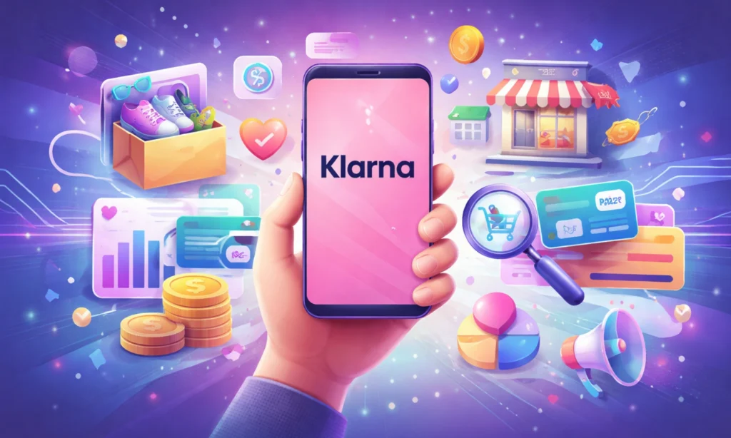 Illustration of a smartphone-based fintech ecosystem showing online shopping, payments, credit, analytics, and digital commerce elements representing Business Model of Klarna