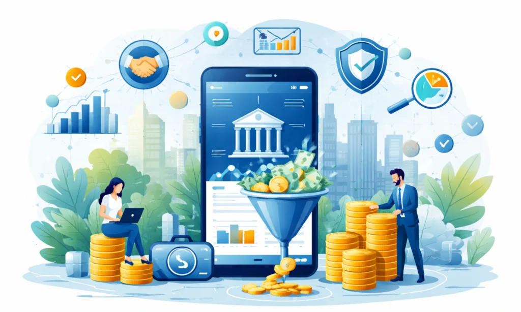 Digital illustration showing a fintech lending platform ecosystem with mobile banking, investors, borrowers, and financial data representing LendingClub’s marketplace lending model.