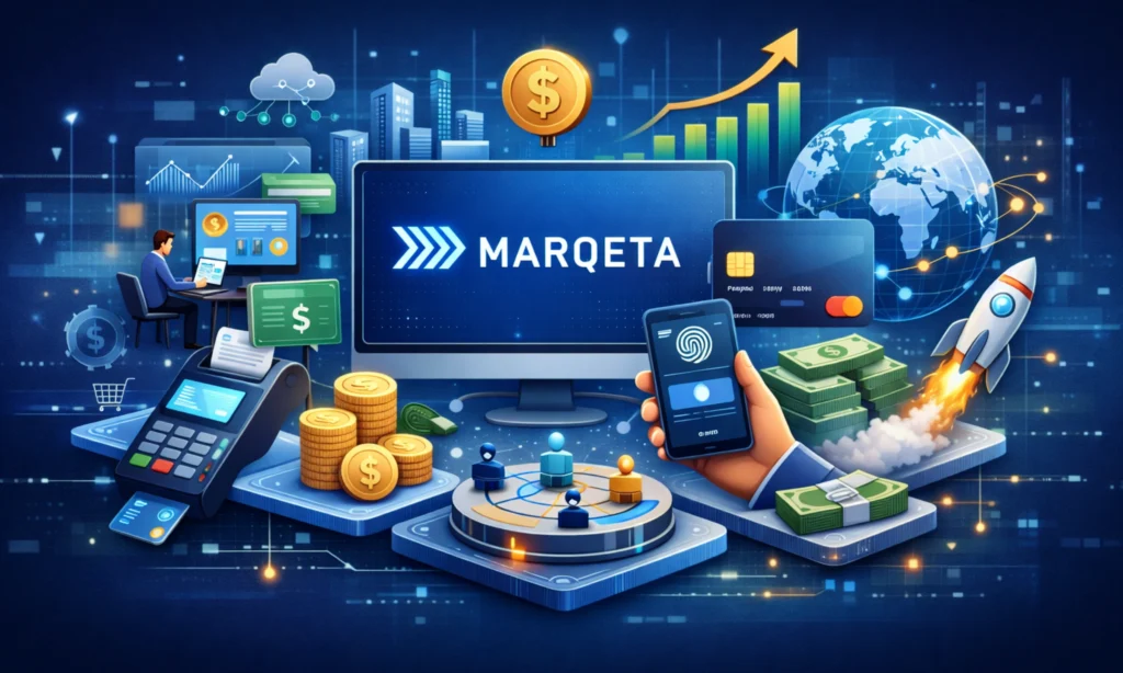 Illustration of a fintech ecosystem showing digital payments, card issuing, global transactions, and revenue growth representing business model of Marqeta