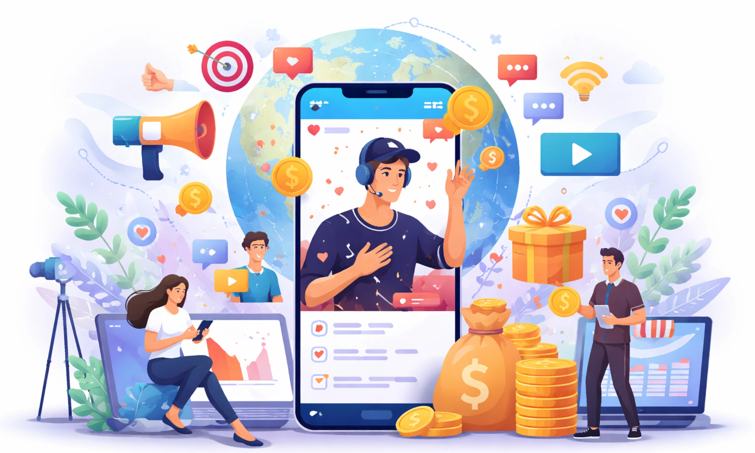 Illustration of a live streaming ecosystem showing creators broadcasting from a smartphone with viewers interacting through reactions and virtual gifts, representing the Business Model of Periscope