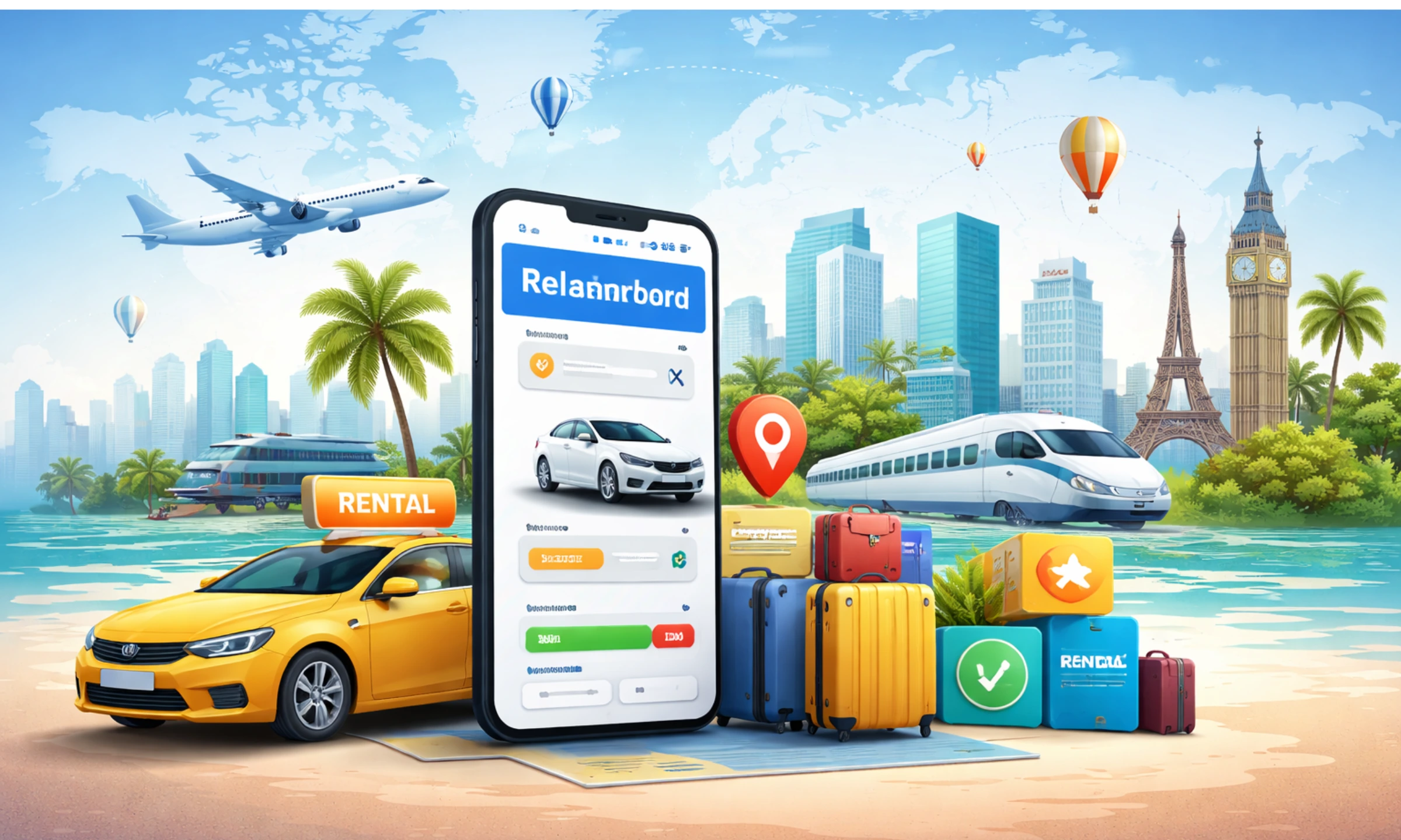 Illustration of a global car rental marketplace platform showing a smartphone booking interface, rental car, travel elements, and global transportation network Business Model of Rentalcars