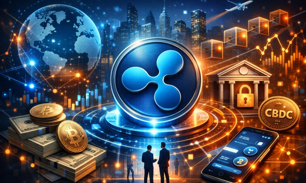Futuristic illustration of Ripple XRP ecosystem showing global payments network, digital finance, blockchain connections, and banking integration Business Model of Ripple