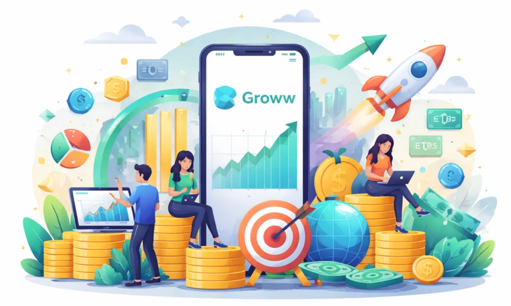 Illustration of a fintech investment ecosystem with mobile trading app, stock charts, coins, and investors representing the Groww business model strategy.