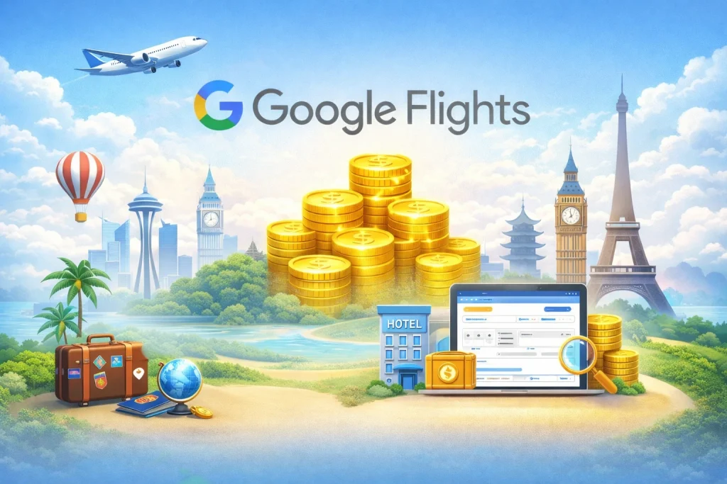 Creative visual showing balance between revenue generation and cost structure in a travel search platform