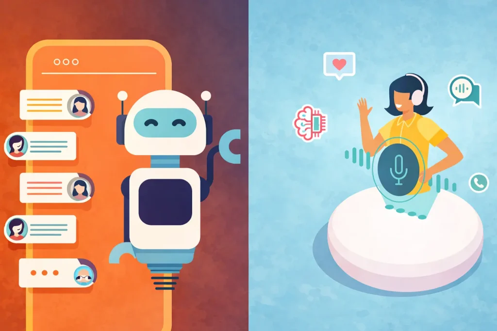 AI chatbot interacting with users and voice assistant feature in mobile app illustration