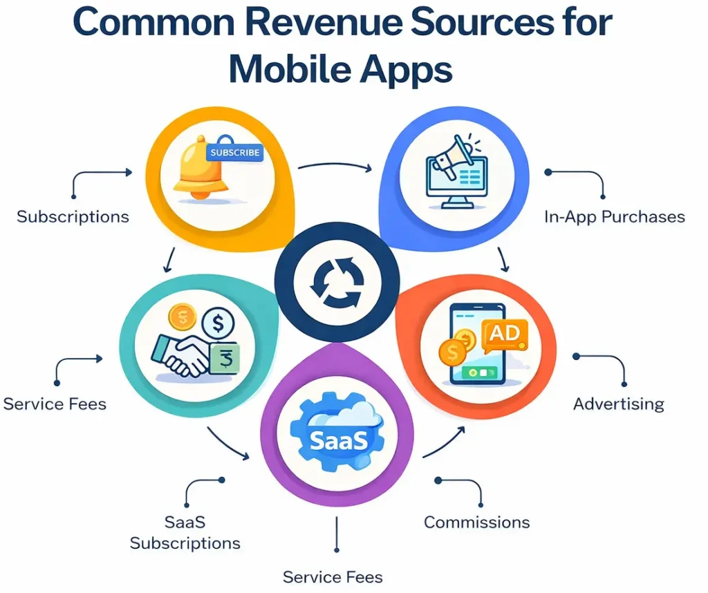 Infographic showing common mobile app revenue sources including subscriptions, in-app purchases, advertising, SaaS subscriptions, commissions, and service fees.
