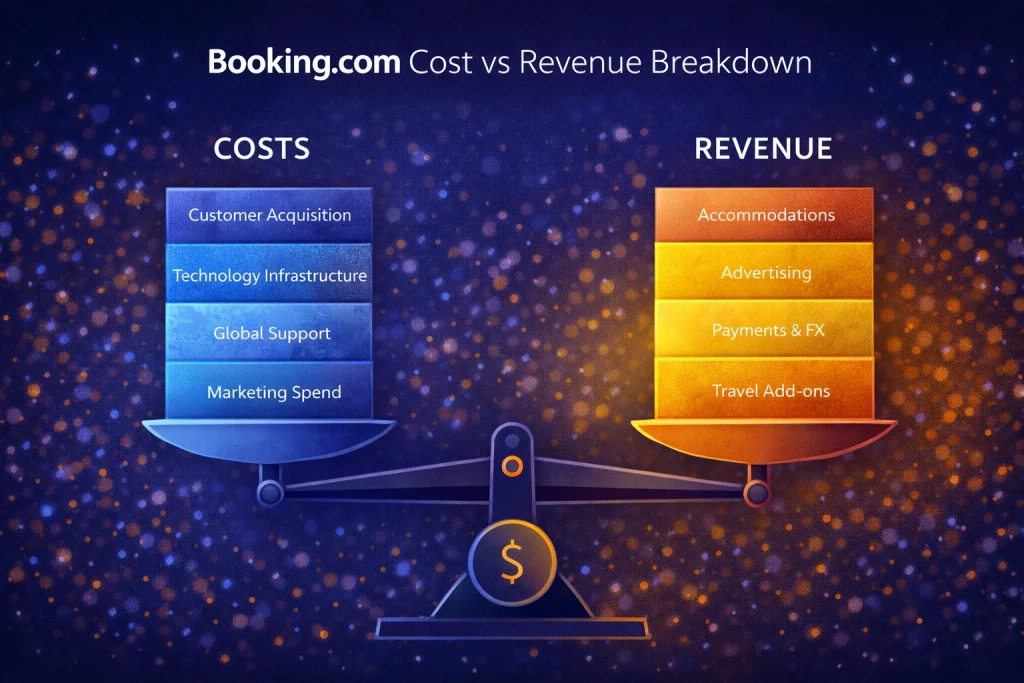 Booking.com Revenue Model: How Booking.com Makes Money in 2026 2 Cost vs Revenue breakdown booking