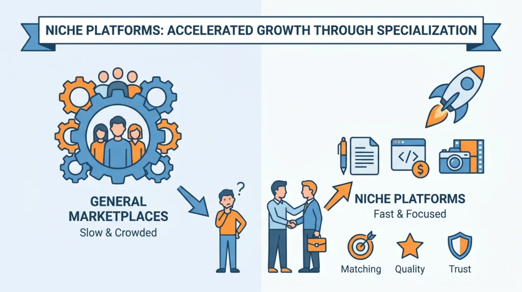 Infographic comparing general marketplaces and niche platforms, showing how specialization improves matching, quality, trust, and business growth.