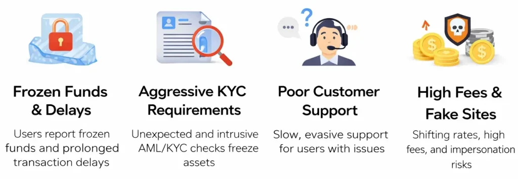 Common security risks in crypto exchange platforms including frozen funds, aggressive KYC checks, poor customer support, and fake crypto websites