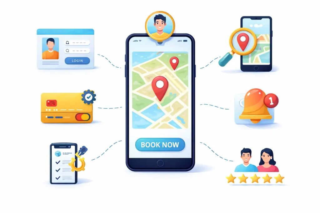 Customer app features illustration showing login, service search, real-time tracking, payment integration, notifications, and ratings