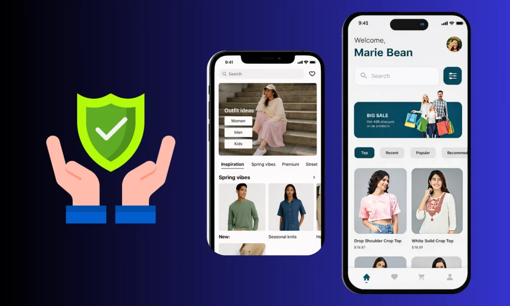 white-label DHgate app security illustration with shield protection and mobile marketplace interface