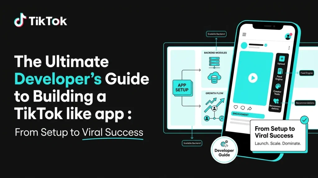 TikTok-like app developer guide featured image showing app setup, scalable backend modules, video upload, feed engine, creator tools, recommendation system, user engagement, growth flow, and short-video platform development.