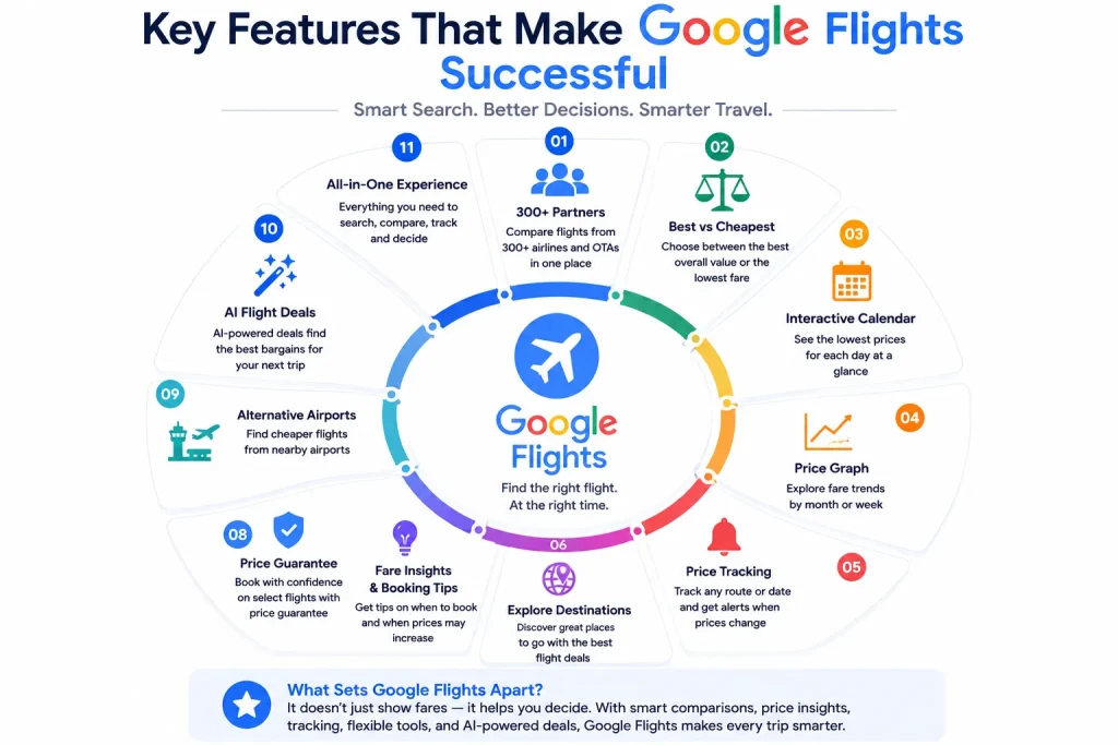 What Is Google Flights and How Does It Work? 1 Infographic showing key features that make Google Flights successful including price tracking, fare comparison, AI deals, price graphs, interactive calendar, and travel insights.