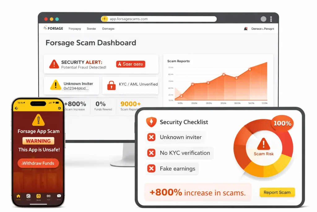 Forsage app scam dashboard showing security alerts, fake earnings warning, and scam risk analysis across desktop, tablet, and mobile screens