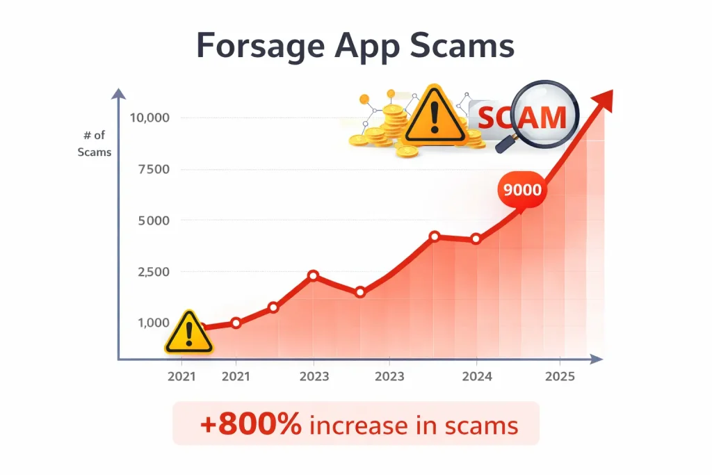 Forsage app scam statistics graph showing rising scam reports and 800 percent increase by 2025