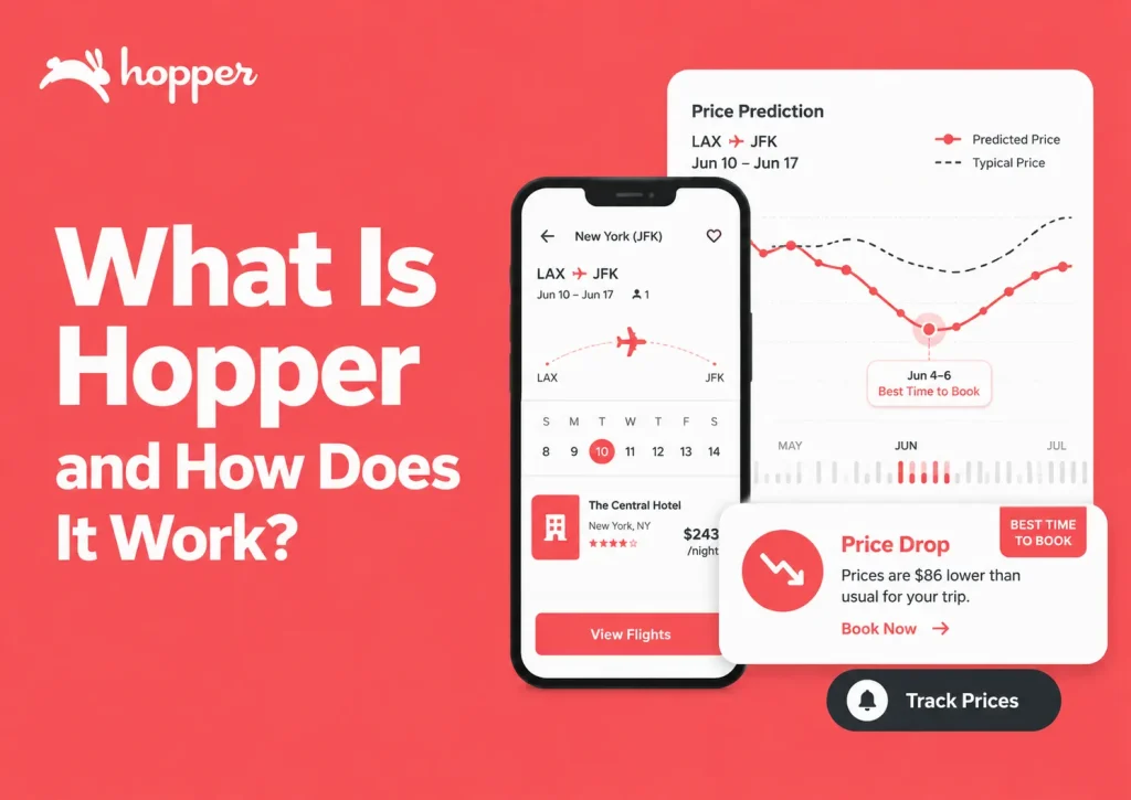 Infographic explaining what Hopper is and how it works with flight price prediction, price tracking, hotel booking, price drop alerts, and best time to book insights.