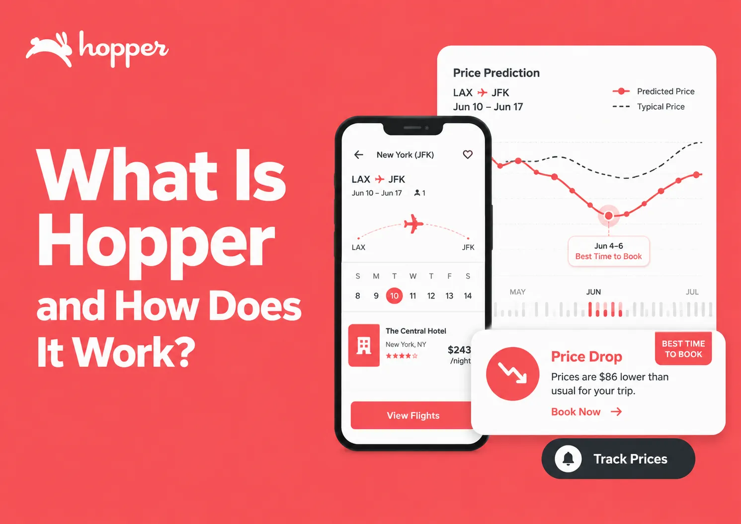 Infographic explaining what Hopper is and how it works with flight price prediction, price tracking, hotel booking, price drop alerts, and best time to book insights.