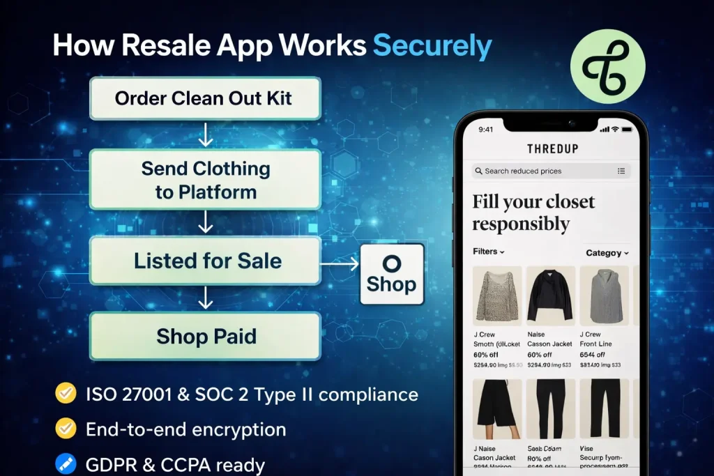 secure white-label resale app workflow showing order, send, listing, and payment process with security compliance