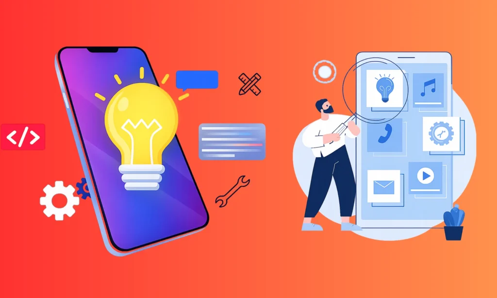 Illustration of mobile app idea validation with smartphone lightbulb and app analysis concept