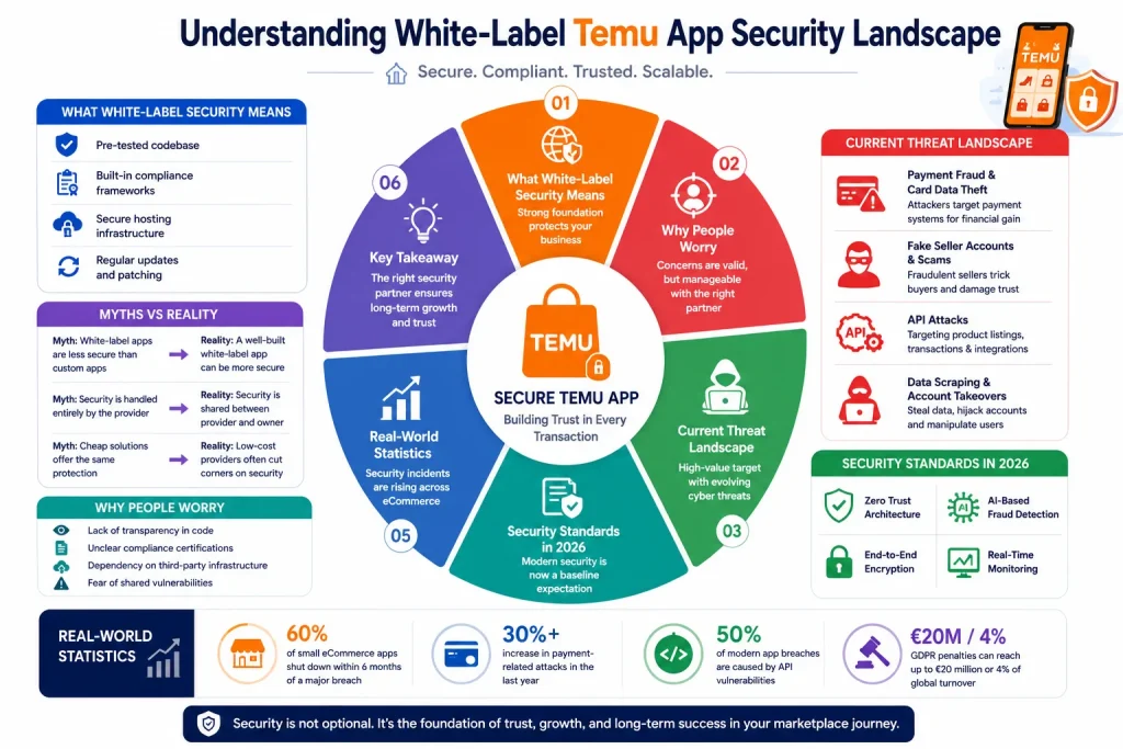 Infographic explaining white-label Temu app security landscape with secure codebase, compliance, hosting, payment fraud risks, API attacks, data scraping, and encryption.