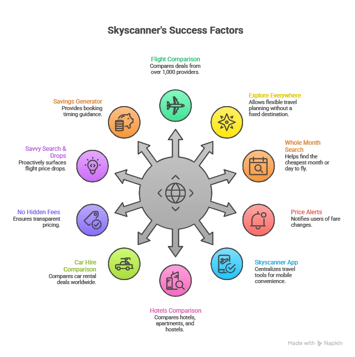 What Is Skyscanner and How Does It Work? 1 Skyscanner key features showing flight comparison, explore everywhere search, cheapest date discovery, hotel comparison, app access, and no hidden fees