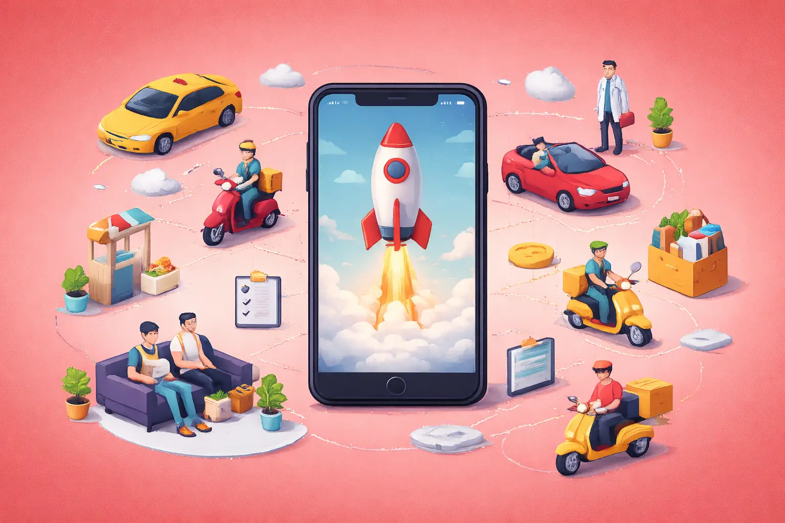 smartphone launching rocket symbolizing on-demand app launch with taxi, delivery, and service icons