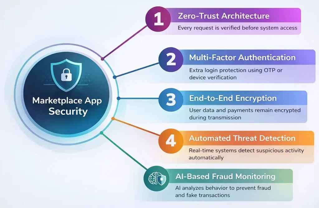 Marketplace app security diagram showing zero trust architecture, multi-factor authentication, end-to-end encryption, automated threat detection and AI fraud monitoring