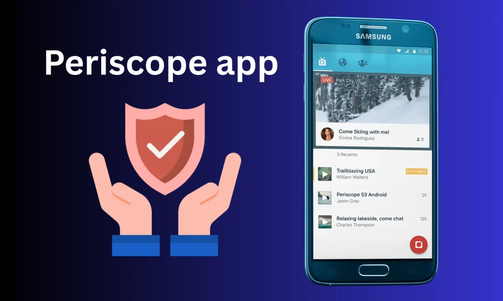 Illustration of white-label Periscope app security showing smartphone live streaming interface with protection shield icon