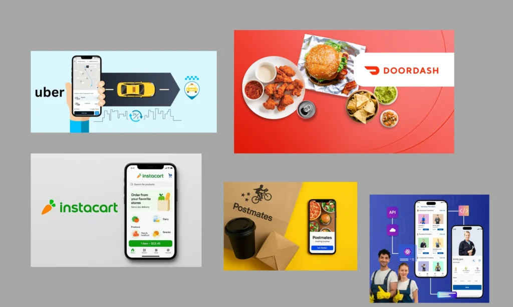 examples of on-demand apps including Uber, DoorDash, Instacart, Postmates and service marketplace apps