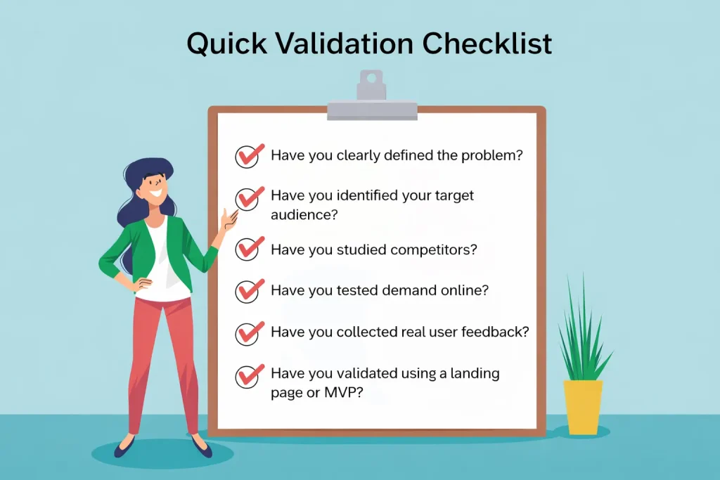 Quick validation checklist illustration showing steps to validate a mobile app idea including problem definition, audience research, competitor analysis, and MVP testing