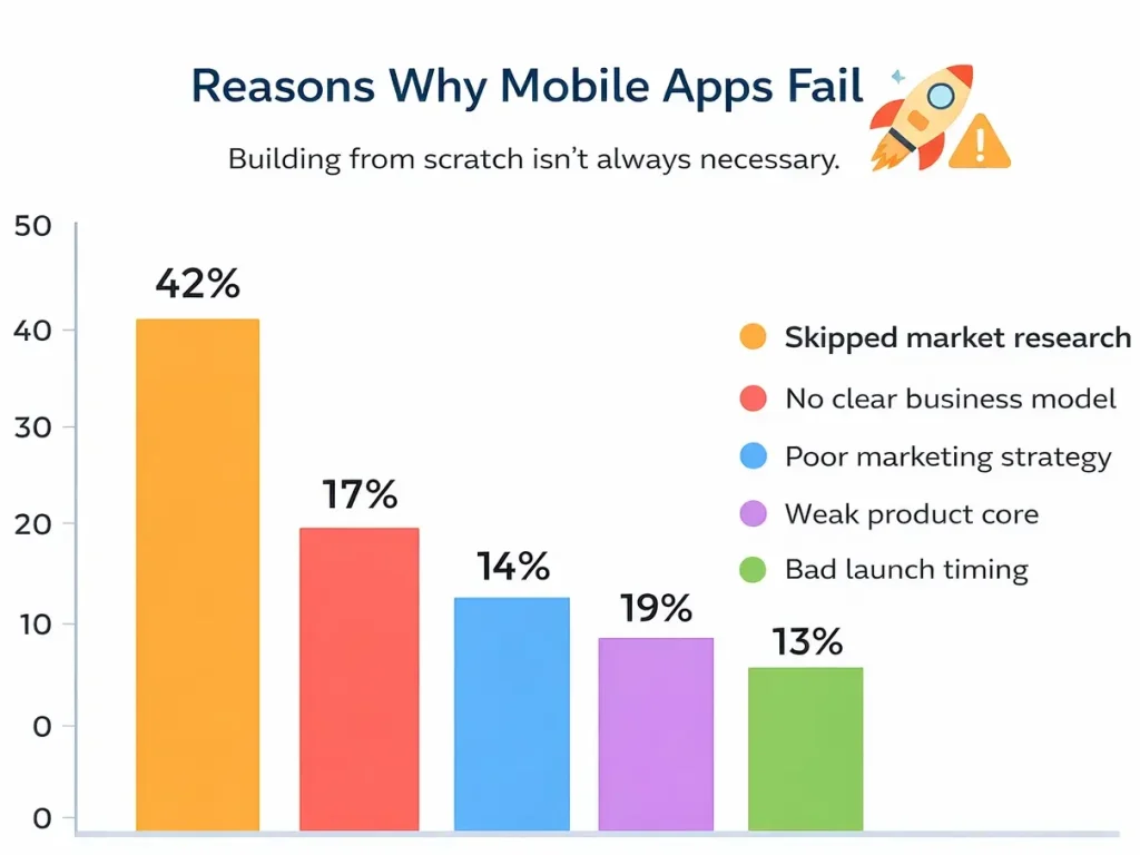 mobile app development mistakes chart showing reasons why apps fail including market research, business model, and marketing issues