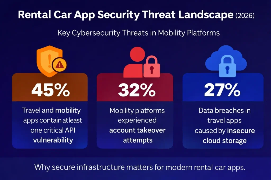 Infographic showing cybersecurity risks in rental car apps including API vulnerabilities, account takeover attempts, and insecure cloud storage breaches