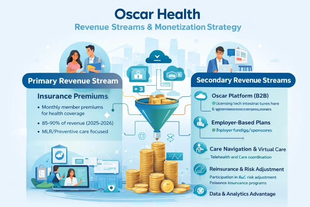 Illustration showing Oscar Health revenue model with insurance premiums, platform services, employer plans, and digital healthcare monetization
