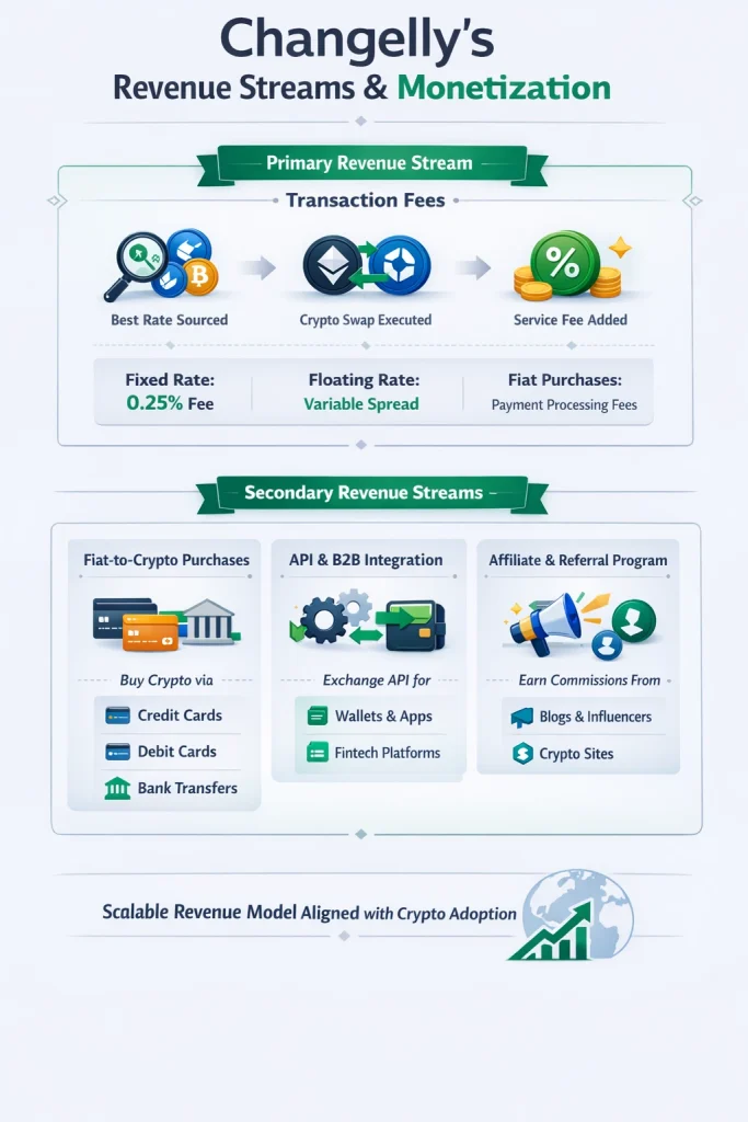 Simple infographic illustrating Changelly’s revenue streams, including transaction fees, fiat-to-crypto purchases, API & B2B integration, affiliate programs, and token listings, with clean visuals and arrows.