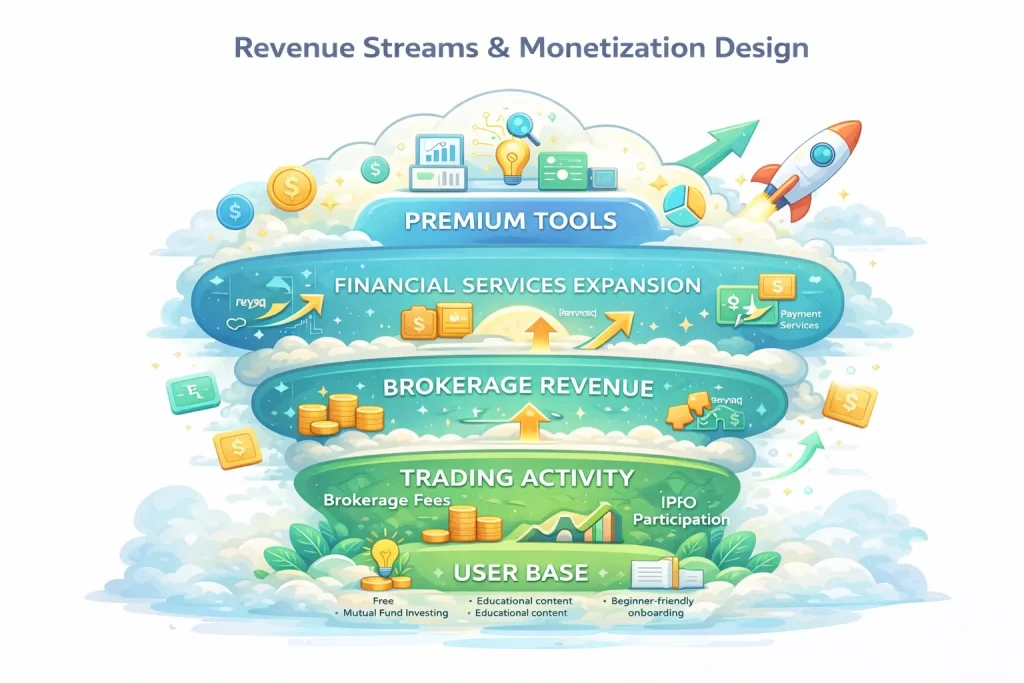 Simple infographic explaining Groww revenue streams including trading fees, brokerage revenue, financial services expansion, and premium tools.