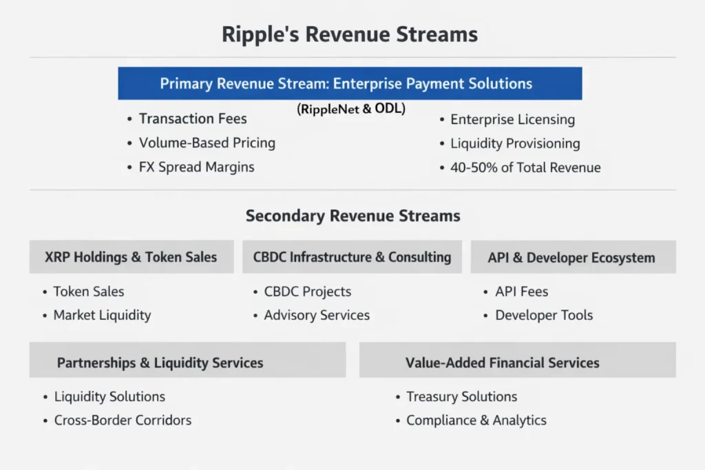 Simple infographic showing Ripple revenue streams including enterprise payments, XRP sales, CBDC services, API ecosystem, and financial services