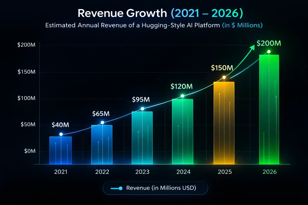 Revenue growth graph 2021–2026 Hugging Clone