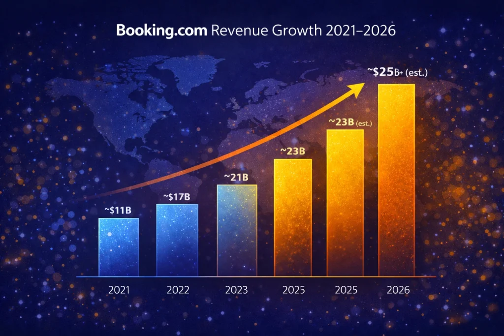 Booking.com Revenue Model: How Booking.com Makes Money in 2026 1 Revenue growth graph 2021–2026 booking