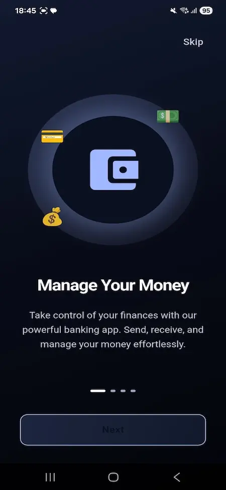 Revolut Clone 29 Finance app onboarding screen showing money management wallet icon, cash and card graphics, skip option, and next button