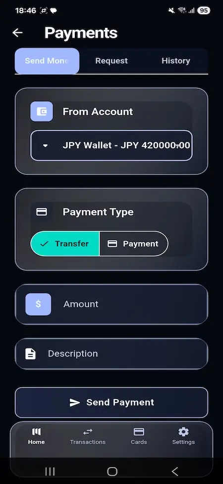 Revolut Clone 25 Payments screen showing send money form with account selection, payment type toggle, amount field, description field, and send payment button