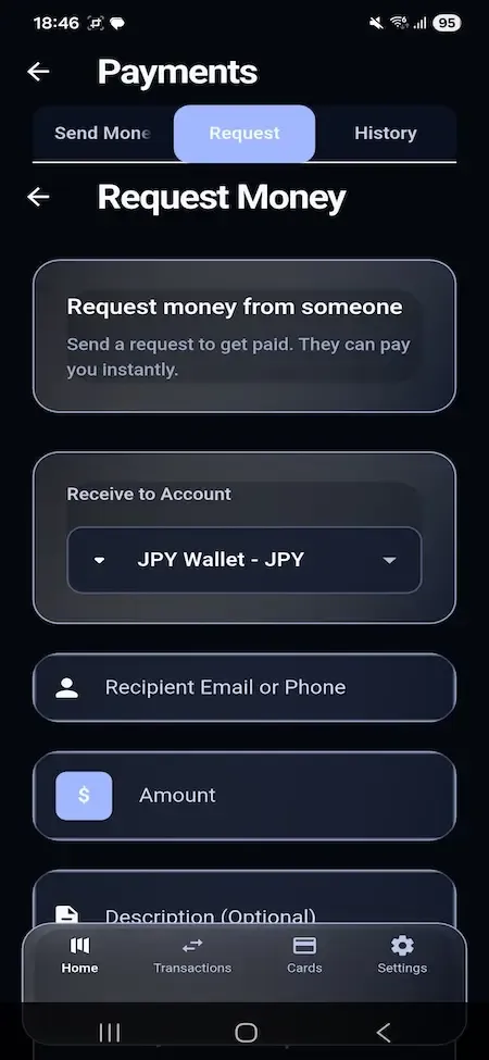 Revolut Clone 26 Digital wallet request money screen showing recipient input, multi-currency wallet selection, amount field, and payment request form for sending payment requests.