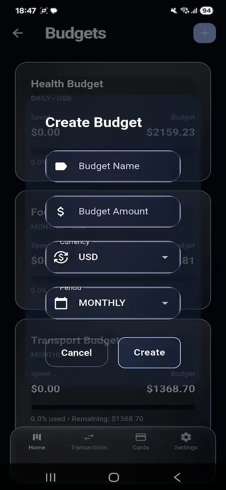 Revolut Clone 28 Budget creation screen showing budget name, budget amount, currency selection, monthly period, cancel button, and create button