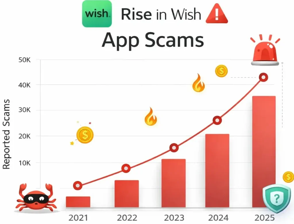 Graph showing increase in Wish app scam reports from 2021 to 2025 with rising trend and security warning indicators