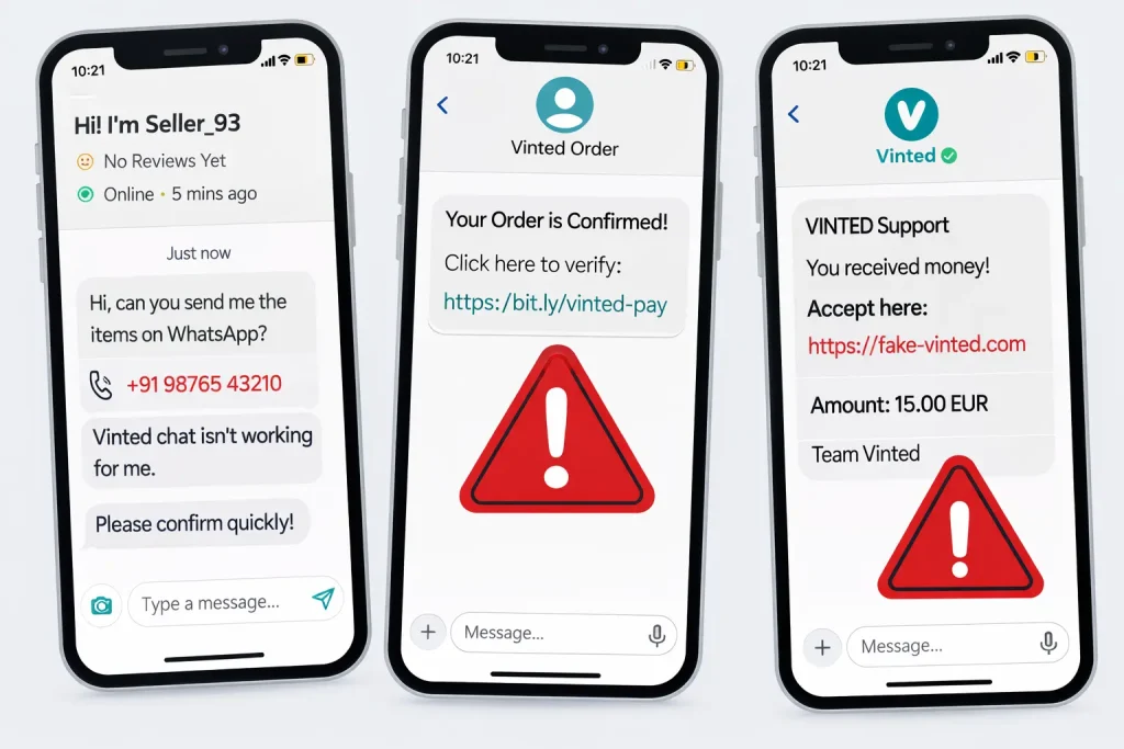 Examples of scam messages and phishing links in a white-label Vinted marketplace app shown on three smartphones