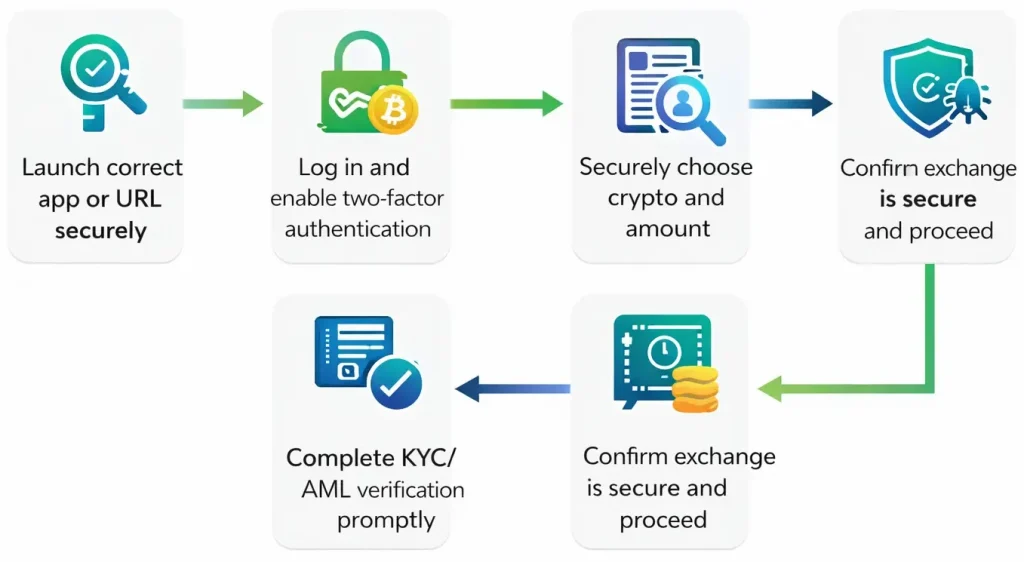Secure process flow for using a white-label Changelly crypto exchange app with login security, KYC verification, and transaction confirmation
